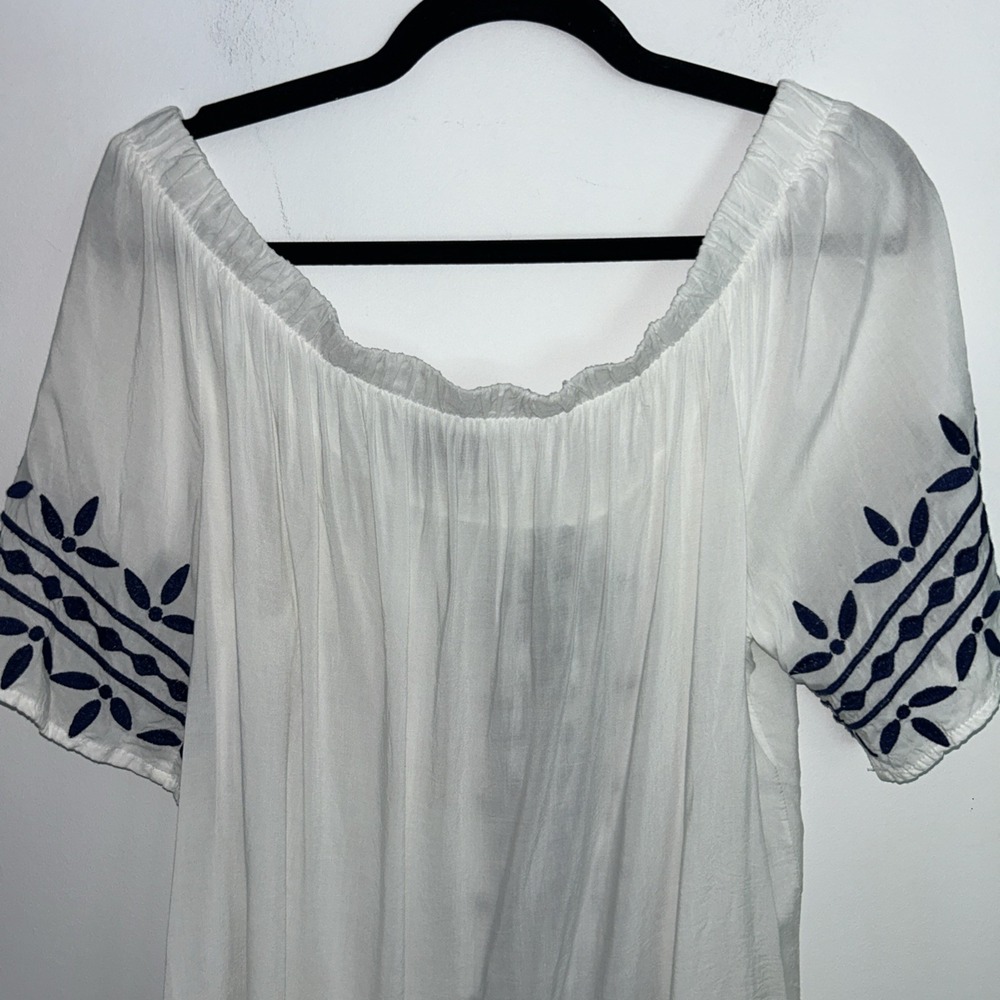 Como Vintage White Boho Women's XL Short Sleeve Navy Embroidered Stitching - Picture 6 of 7